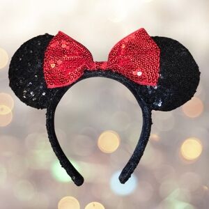 Disney Parks Minnie Mouse Sequin Ears Headband Black with Red Bow